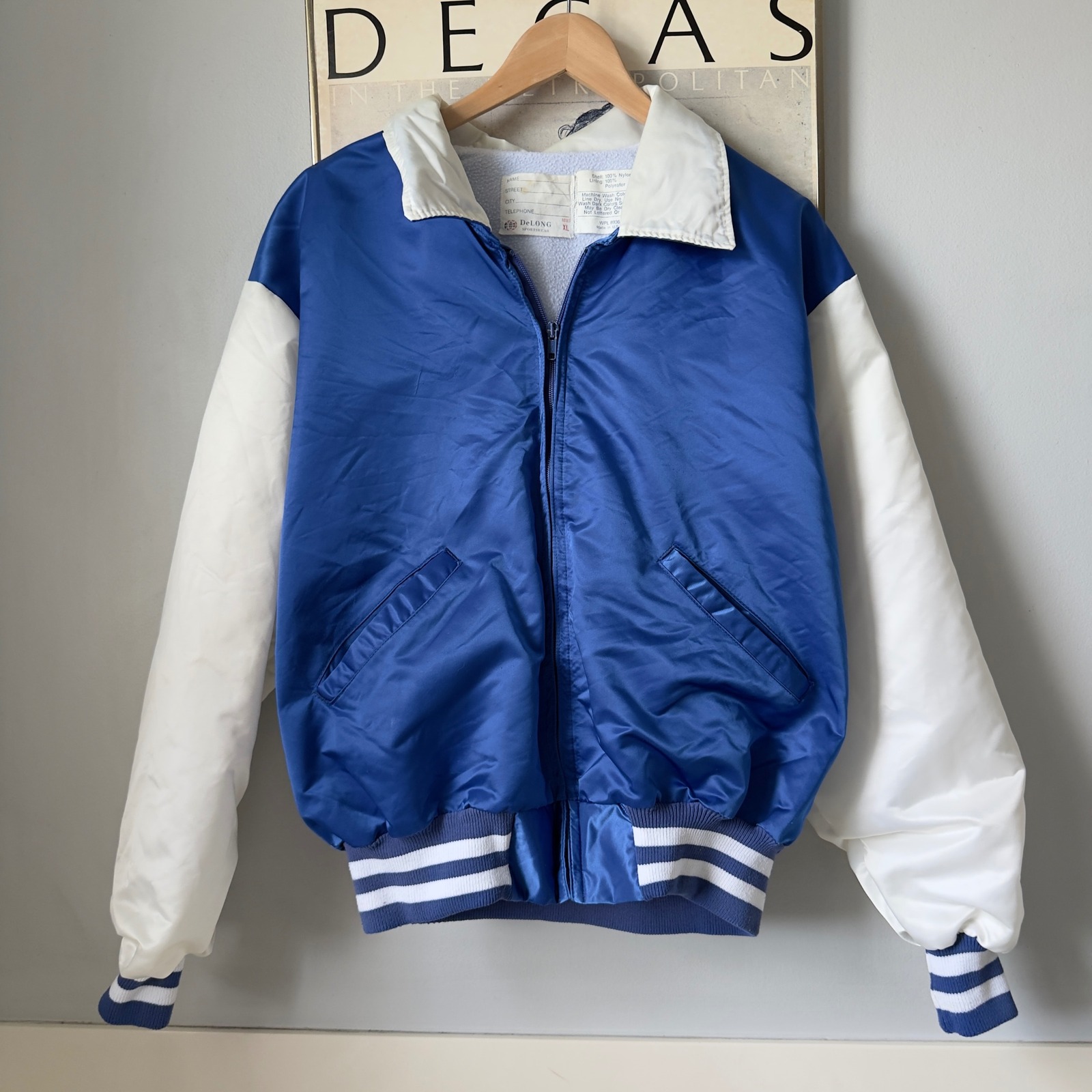 Vintage Delong Sportswear Blue White Satin Varsity Bomber Jacket Made In Usa Xl